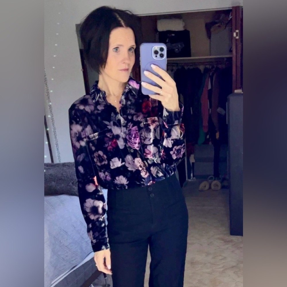 Pilcro The Hadley Multicolor Floral Velvet Relaxed Buttondown Blouse